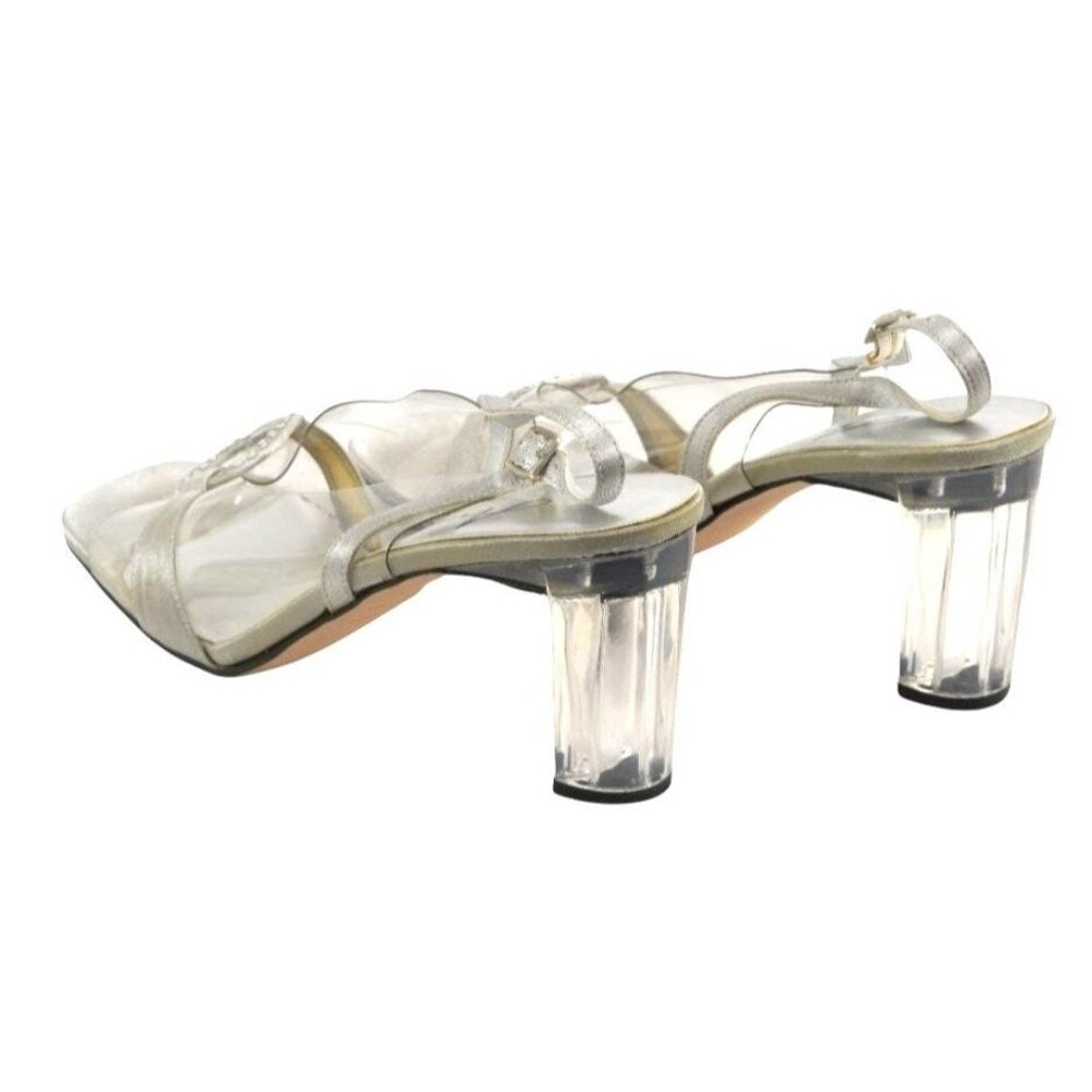 Annie Chance Silver Satin Slingbacks Rhinestone Clear Heels 8.5M Y2K Glam! - Picture 5 of 9